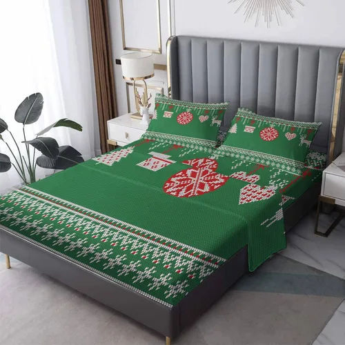 Vista 8 de Sábanas de Navidad tamaño matrimonial, sábanas con diseño de árbol de Navidad de alce, juego de 4 piezas – Sábana bajera ajustable de microfibra