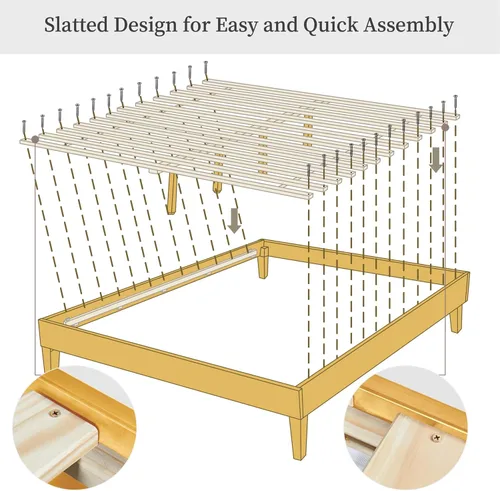 Vista 17 de Yaheetech Base de cama matrimonial con plataforma de madera maciza natural con soporte de listones de madera, espacio debajo de la cama de 12 Nogal