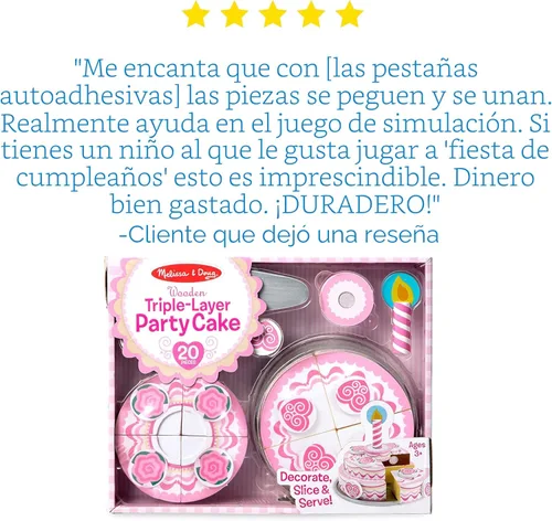 Vista 6 de Juguete de madera en forma de pastel de fiesta de tres capas Melissa & Doug, construcción robusta con pestañas autoadhesivas, gran regalo para niñas