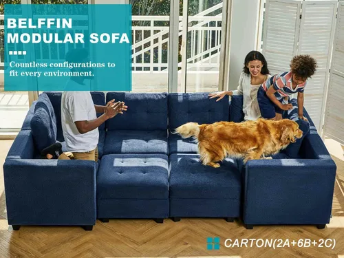 Vista 123 de Belffin Sofá modular modular con tumbonas dobles en forma de U, modular con asiento de almacenamiento, sofá modular con otomanas reversibles