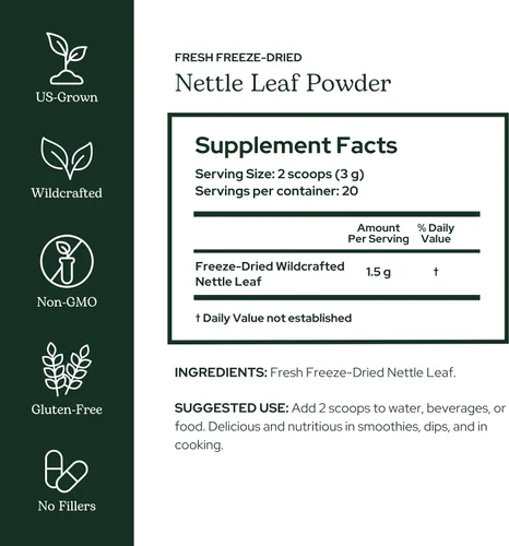 Vista 2 de Eclectic Institute Polvo de alimentos enteros de hoja de ortiga liofilizada fresca cruda 2.1 oz (60 g)