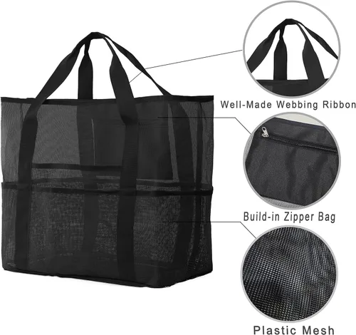 Vista 5 de Mesh Beach Bag, Extra Large Beach Bags with 9 Pockets & Zipper Waterproof Lightweight Beach Tote for BeachPool Trip