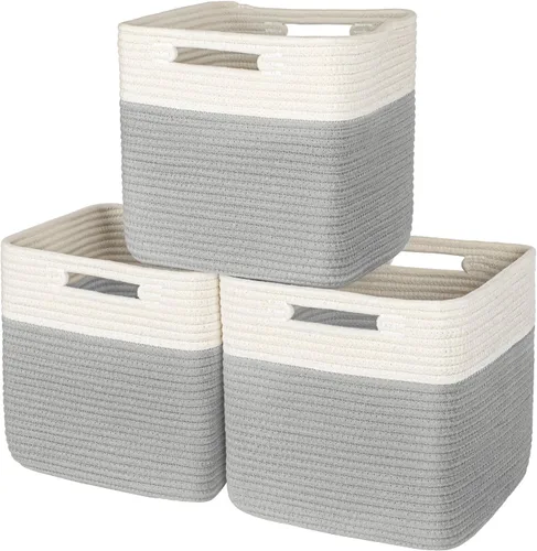 Vista 7 de AELS Cesta de Algodón Tejida a Mano para Almacenamiento, Contenedores de Almacenamiento de Cubo con Asas, Organizadores de Closet Plegables