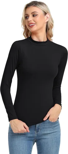Vista 2 de Camiseta térmica básica de manga larga para mujer, ligera, con cuello alto falso, ajustada, capa suave