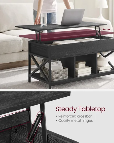 Vista 5 de VASAGLE Mesa de Centro con Tapa Elevable, Mesa de Café Elevable con Estante de Almacenamiento, Compartimentos Ocultos y Tapa Elevable, para Sala