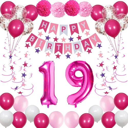 Vista 8 de Decoraciones de cumpleaños número 18 para niñas, suministros de globos rosados de feliz cumpleaños que incluyen 18 globos de números rosas