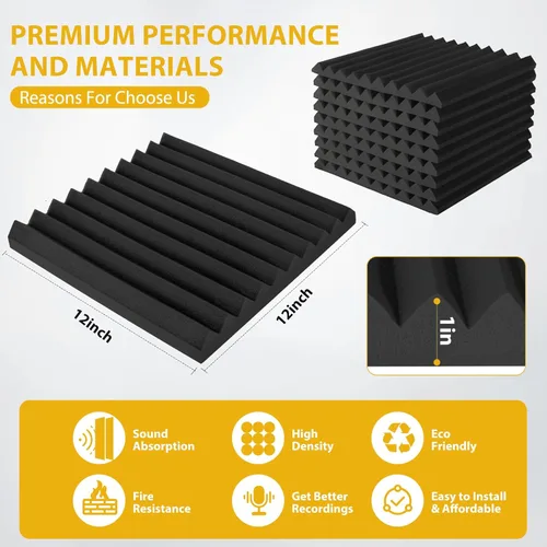Vista 2 de Paquete de 12 Paneles de Espuma Acústica de 1" x 12" x 12" Paneles Insonorizados Negros Aislamiento Acústico para Pared Absorción Resistente al