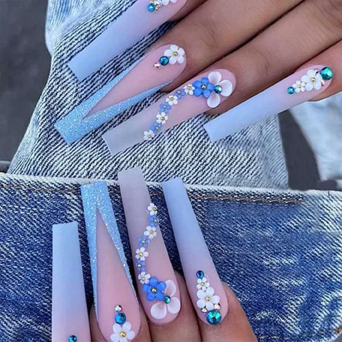 Vista 22 de Uñas postizas a presión con punta francesa, cuadradas, largas, medianas, con lazo 3D, diseños de línea de copo de nieve, uñas de invierno, uñas a