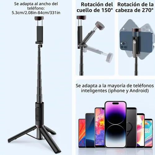 Vista 2 de Selfie Stick - Trípode de aleación de aluminio para selfie stick con soporte de trípode plegable para viajes, rotación de 270 grados, compatible