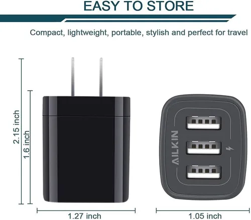 Vista 3 de Cargador de pared USB, adaptador de cargador, Ailkin de 2.4 amperios de doble puerto plegable cargador rápido cubo de repuesto para iPhone