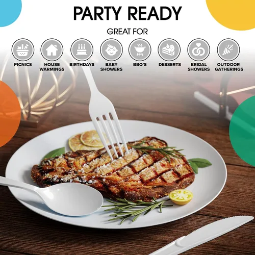 Vista 7 de Party Solids Cubiertos de plástico negro resistente, 150 piezas, cubiertos desechables negros, juegos de utensilios, 50 de cada tenedor, cuchillos