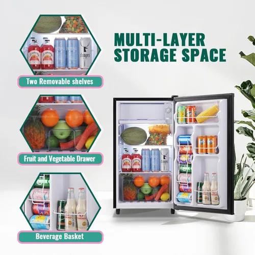 Vista 5 de WANAI Refrigerador compacto de 3.2 pies cúbicos, mini refrigerador con congelador de una sola puerta temperatura ajustable puerta lateral estante