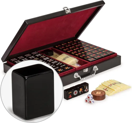 Juego de Mahjong chino de Yellow Mountain Imports, Jet Set - con 148 azulejos pequeños negros y estuche de madera, girador de madera, dados y
