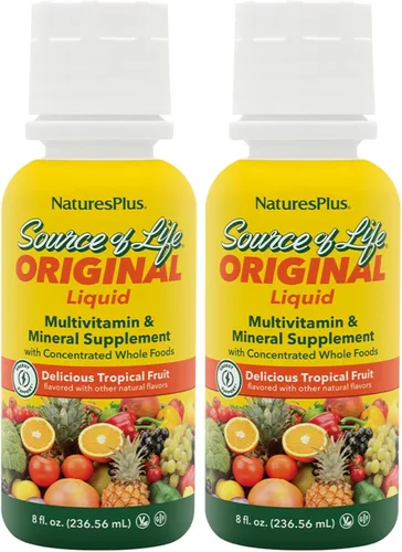 Vista 8 de Natures Plus Source of Life Líquido, fruta tropical, 8 onzas líquidas, suplemento multivitamínico y mineral, sin gluten, vegetariano, 8 porciones