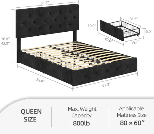 Vista 2 de Queen Size Bed Frame Platform with 4 Storage Drawers, Adjustable Tufted Button Velvet Headboard, No Need for a Box Spring, Wood Slat Support, Easy