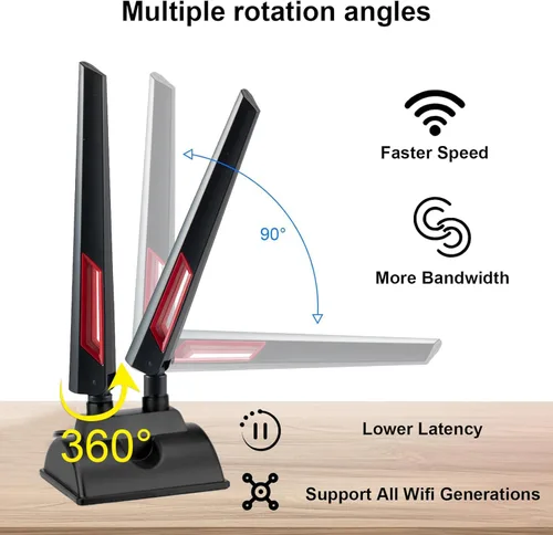 Vista 3 de Antena WiFi 6E Tri-Band 6GHz 5GHz 2.4GHz Gaming Antena WiFi Base magnética con cable de extensión de 6.5 pies para computadora de escritorio PC PCIe