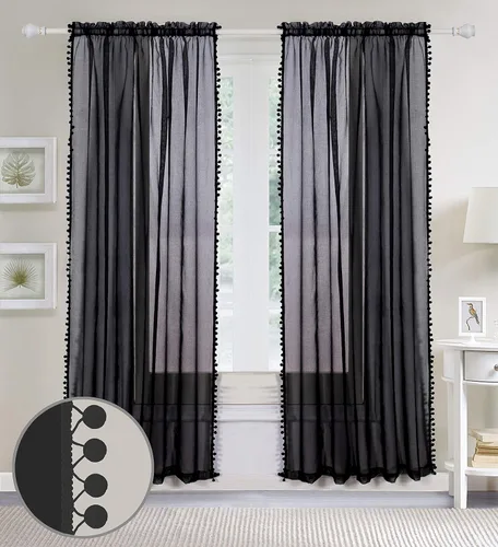 Vista 3 de Elegant Comfort Cortinas semitransparentes con borlas con pompones, juego de 2 paneles, con bolsillo para barra de 2 pulgadas, cortinas