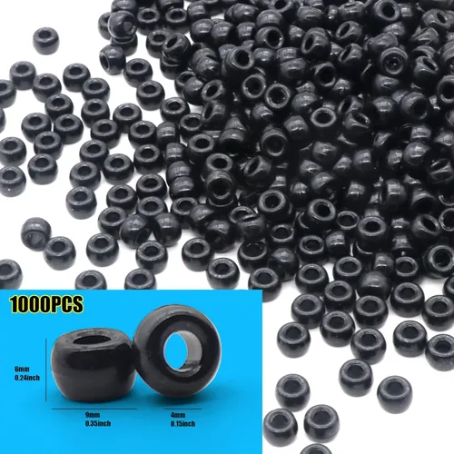 Vista 3 de 1000 piezas Cuentas de pony de 9 mm para pulsera, cuentas de plástico negro en barril para collar, cuentas de pelo para trenzas, llavero