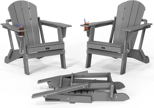 Vista 16 de VINGLI Sillas Adirondack de plástico, plegables con soporte para tazas, material de polietileno de alta densidad impermeable, cómoda capacidad