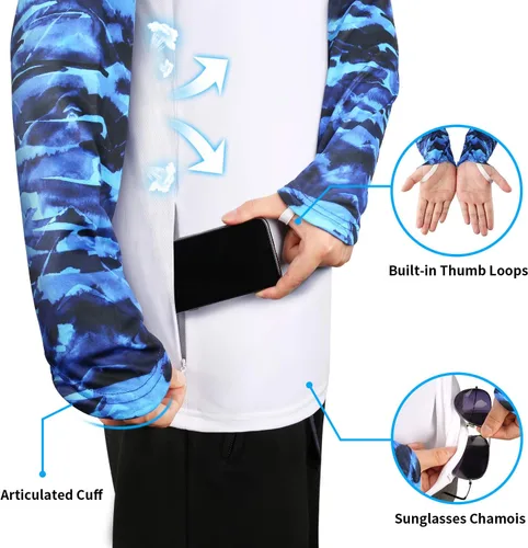 Vista 3 de Palmyth Camiseta de pesca para hombre, manga larga, protección solar, protección UV UPF 50+ camisetas con bolsillo