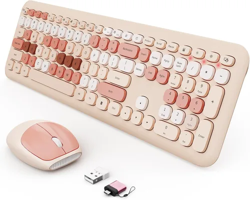 Vista 25 de Combo de teclado y mouse inalámbricos, teclado ergonómico de tamaño completo con diseño retro tipo máquina de escribir, con teclas redondas, Blanco