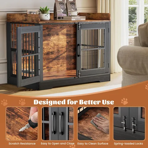 Vista 6 de VOPEAK Mueble rústico para jaula de perros de 40 pulgadas, jaula resistente con bandejas extraíbles para perros pequeños y medianos, jaula