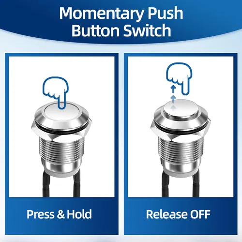 Vista 3 de DaierTek Interruptor de botón momentáneo de 12 V, 0.472 in, interruptor de botón pequeño de metal impermeable, plateado, normalmente abierto (ON)