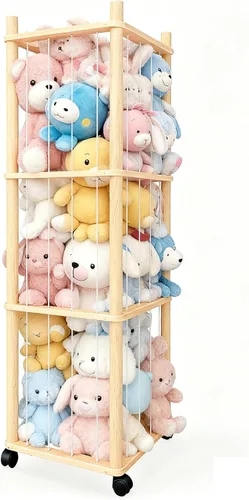 Vista 8 de Almacenamiento de madera para animales de peluche, organizador de juguetes de madera maciza resistente con ruedas bloqueables, fácil