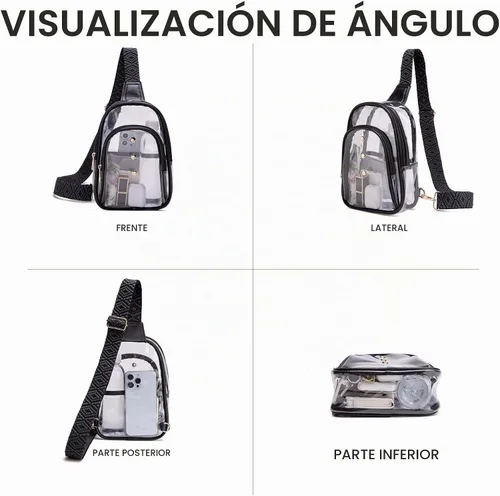 Vista 4 de Bolso bandolera transparente para eventos de estadio, bolsa cruzada para mujer, aprobada para estadios Negro