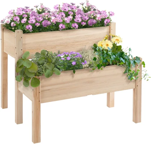 Vista 17 de Outsunny Cama de jardín elevada, maceta de madera elevada con estante de almacenamiento, agujeros de drenaje y forro para patio trasero, patio, Negro