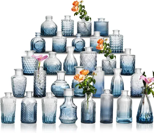 Vista 8 de Juego de jarrones de cristal para capullos de 20 piezas - Jarrones pequeños para flores a granel - Jarrones de cristal vintage surtidos para flores