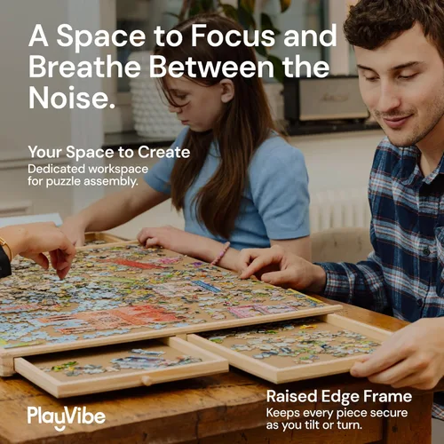 Vista 4 de PlayVibe Tablero de rompecabezas de 1500 piezas con cajones y cubierta, estación de resolución de rompecabezas, mesa portátil con cajones, bandeja