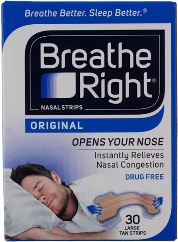 Breathe Right Tiras nasales para dejar de roncar, sin drogas, bronceado original grande, 30 unidades, 2 paquetes