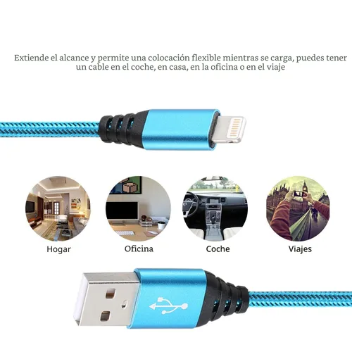 Vista 5 de Cargador para iPhone de 10 pies, paquete de 5 cables Lightning certificados Apple MFi, carga rápida, trenzado de nailon, USB-A a Lightning