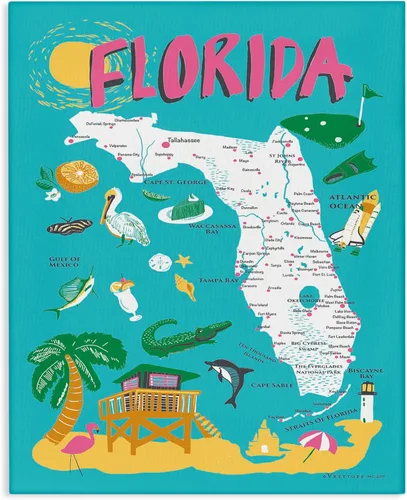 Stupell Industries Florida Póster panorámico de mapa ilustrado en color verde azulado y rosa, en lienzo estirado, 40.6 x 3.8 x 50.8 cm, multicolor