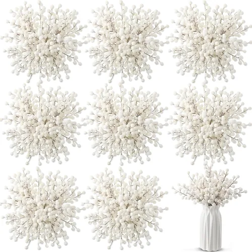 Vista 9 de Censen 50 piezas de tallos artificiales de bayas de acebo con copos de nieve escarchados, ramas de árbol de Navidad, adornos, ramitas de bayas