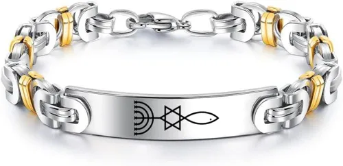 Pulsera de cadena bizantina de acero inoxidable con símbolo de fe cristiana de David Menorá Ichthys en tono dorado y plateado para protección,