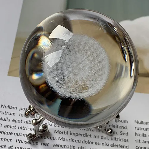 Vista 5 de HDCRYSTALGIFTS - Bola de cristal de diente de león de 60 mm con soporte, pisapapeles decorativo, grabado láser 3D, esfera completa de planta