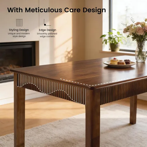 Vista 4 de Mesa de comedor de madera maciza de 39 pulgadas para 2-4, mesa rectangular moderna de madera real, diseño acanalado de mediados de siglo