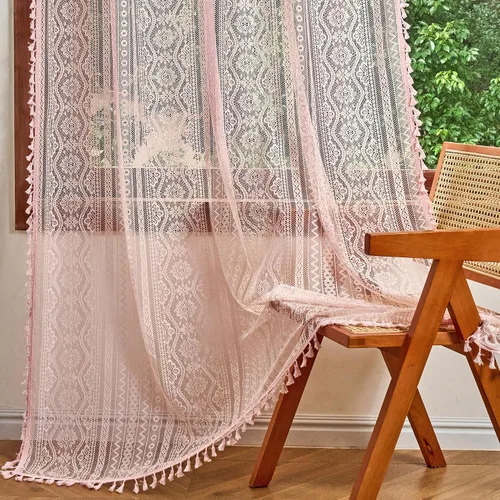 Vista 11 de MYSKY HOME Cortinas de encaje beige para puerta francesa de 40 pulgadas de largo, 2 paneles de cortinas florales bohemias transparentes para puerta