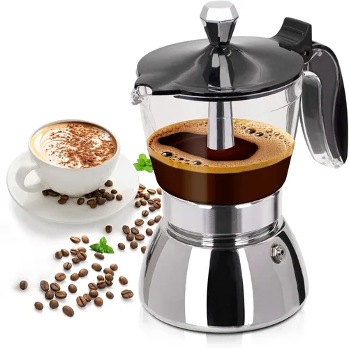 Olla de plástico transparente para 6 tazas, 10.1 fl oz, cafetera de acero inoxidable sin recubrimiento, cafetera espresso italiana, estilo clásico,