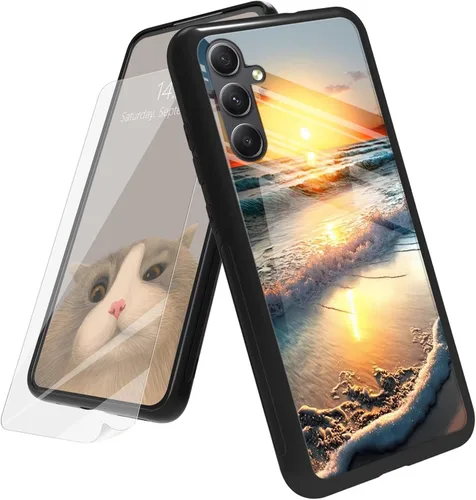 Vista 42 de Funda para Samsung Galaxy A32 5G con protector de pantalla, parte trasera de vidrio templado + TPU de silicona suave que absorbe los golpes, funda