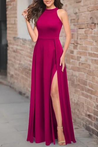 Vista 5 de MUSHARE - Vestido largo formal, para mujer, con cuello halter, sexy, con abertura, para cóctel o fiesta