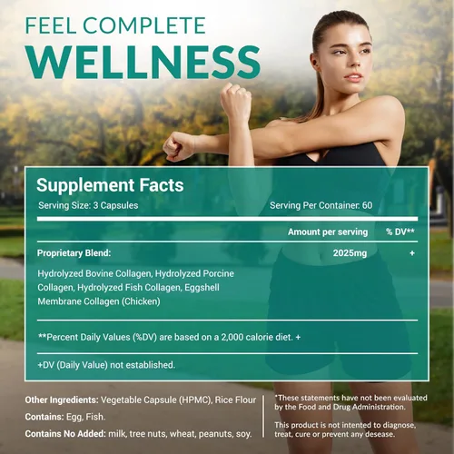 Vista 6 de Multi Collagen 180 cápsulas de proteínas – Pastillas de colágeno tipo I, II, III, V, X – Mezcla patentada de péptidos de colágeno de cáscara