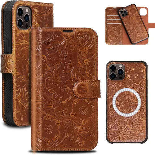 Vista 15 de Funda de cuero compatible con iPhone 13 Pro Wallet de 6.1 pulgadas, piel auténtica 2 en 1, magnética, desmontable, a prueba de golpes, funda