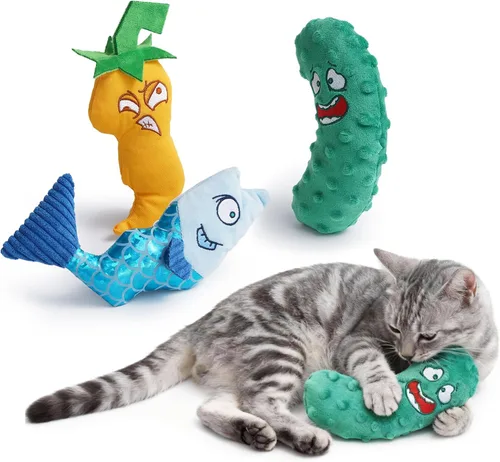 Juego de 3 juguetes de hierba gatera – Pescado, chile y pepino, juguetes de peluche para gatos de interior, juguetes interactivos naturales rellenos
