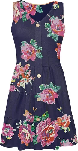 Vista 5 de MOBCTG Vestido con botones para mujer, de color puro, sin mangas, con cuello en V, sin mangas, con botones para el tiempo libre