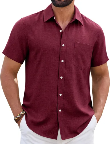 Vista 7 de Camisa de lino para hombre, de manga corta, sin arrugas, casual, sin pliegues, con botones, para playa, transpirable, para verano
