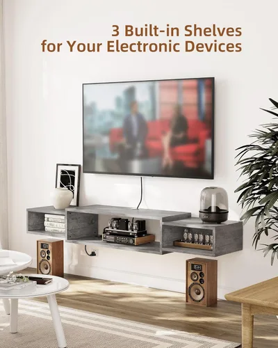 Vista 3 de Floating Wall TV Cabinet Stand with Power Outlet, 55" Wall Mounted Wood Media Console with Cable Holes, Modern Entertainment Center Storage Rack for