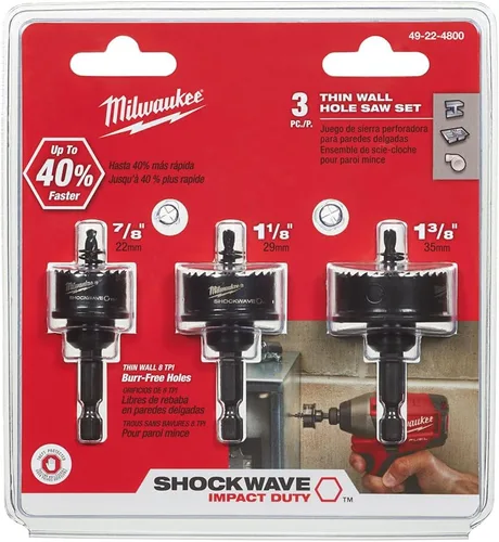Milwaukee Electric Tool 49-22-4800 - Juego de sierra perforadora, 3 piezas, vástago hexagonal de 1/4 pulgadas, dientes de paso variable